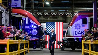 President Joe Biden arrives to speak at the Amtrak Bear Maintenance Facility, 6 November, 2023. 