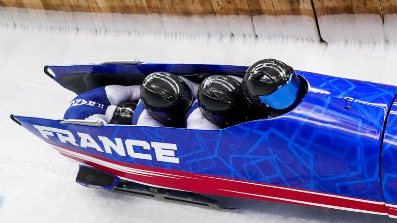 FILE: France 4-man bobsleigh heat 3 at the 2022 Winter Olympics, Sunday, Feb. 20, 2022, in the Yanqing district of Beijing.