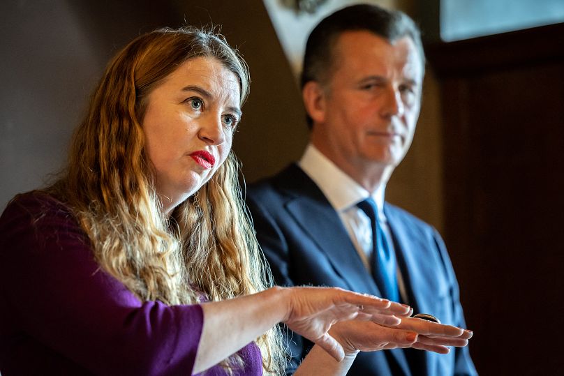 Kunsthaus Zurich Director Ann Demeester (L) gestures as she stands next to President of the Zurich Art Society Philipp Hildebrand during a press conference in Zurich.