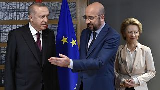 Turkish President Recep Tayyip Erdogan (L) and EU chiefs Charles Michel and Ursula von der Leyen in Brussels, March 9, 2020.
