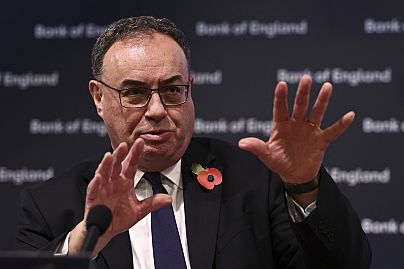 Governor of the Bank of England Andrew Bailey addresses the media during a press conference concerning interest rates, at the Bank of England, in London, Nov. 2, 2023