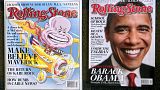 A comparison of Rolling Stone magazine's last issue in its larger format, left, and its shrunken new issue, New York, Monday Oct. 20 , 2008.
