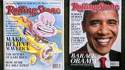 A comparison of Rolling Stone magazine's last issue in its larger format, left, and its shrunken new issue, New York, Monday Oct. 20 , 2008.