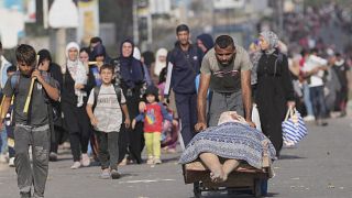 فلسطينيون يفرون إلى جنوب قطاع غزة في شارع صلاح الدين في البريج بقطاع غزة> 2023/11/08
