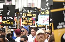 Picketers participate in a rally outside Paramount Pictures Studio on Wednesday, Sept. 13, 2023, in Los Angeles. 