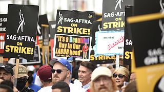 Picketers participate in a rally outside Paramount Pictures Studio on Wednesday, Sept. 13, 2023, in Los Angeles. 