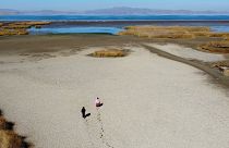 The dry cracked bed near the shore of Lake Titicaca in drought season in Huarina, Bolivia.