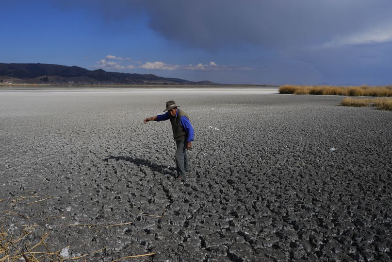 A man walks on the dry bed of Lake Titicaca, in Isla de Cojata, Bolivia on 29 September 2023.