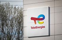 TotalEnergies logo at the Total Energies refinery site near Le Havre, northwestern France.
