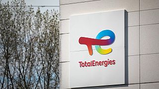 TotalEnergies logo at the Total Energies refinery site near Le Havre, northwestern France.