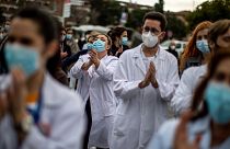 Healthcare workers protest against plans by Madrid's authorities to force staff to transfer to other hospitals at La Paz hospital in Madrid, Spain.
