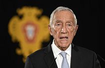 Portuguese President Marcelo Rebelo de Sousa addresses the country after hosting a meeting of the Council of State at the Belem presidential palace in Lisbon, Thursday, Nov. 9
