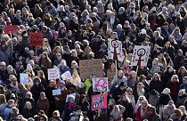 People across Iceland gather during the women's strike in Reykjavik, Iceland, Tuesday, October 24, 2023.