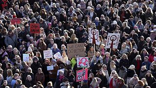 People across Iceland gather during the women's strike in Reykjavik, Iceland, Tuesday, October 24, 2023.