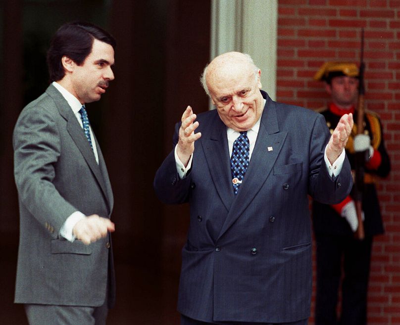 Turkish Prime Minister Suleyman Demirel, right, gestures during a photo call with Spain's Premier Jose Maria Aznar at the Moncloa Palace in Madrid, March 1998