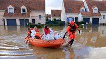 Water floods a Bordeaux vineyard in Portets, southwestern France, after Storm Ciaran battered Western Europe on November 3, 2023.