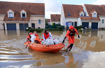 Water floods a Bordeaux vineyard in Portets, southwestern France, after Storm Ciaran battered Western Europe on November 3, 2023.