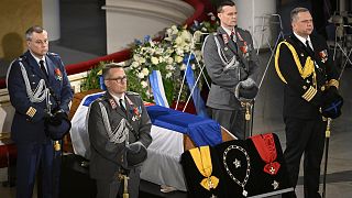 The coffin of former President of the Republic Martti Ahtisaari pictured during the state funeral at the Helsinki Cathedral in Helsinki, Finland, Friday, Nov. 10, 2023.