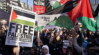 Protesters wave flags and show placards during a pro-Palestinian protest in London, Saturday, Nov. 11, 2023. 