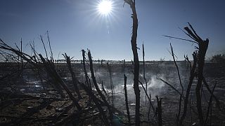 Füst száll fel egy magánfarm romjaiból orosz rakétatámadást követően egy az ukrajnai Herszonhoz közeli faluban, 2023. november 10-én.