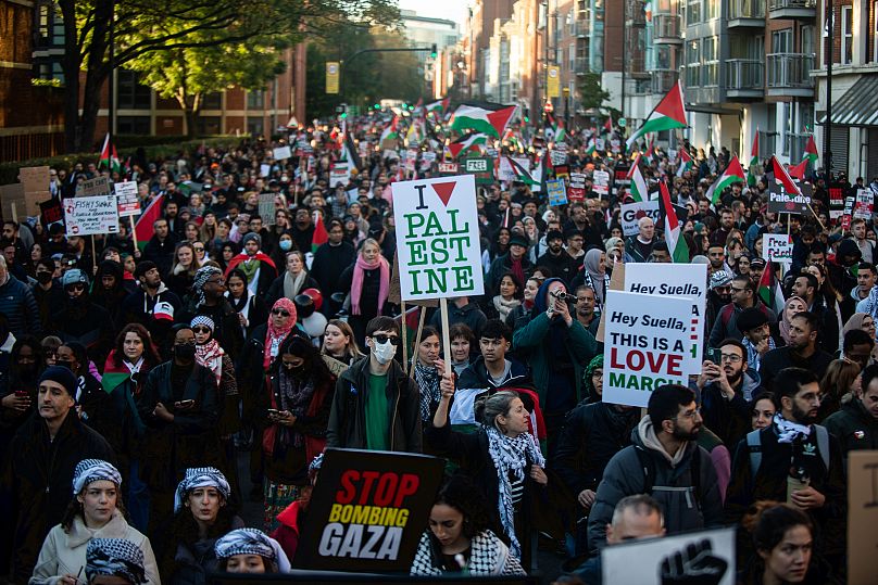 Pro-Palestine marchers on Vauxhall bridge road in London on Saturday