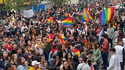 Imagen de decenas de ciudanados presentes en una manifestación en favor de los derechos de las personas de la comunidad LGBTIQA+.