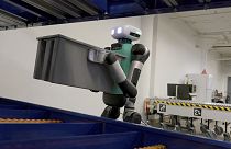 Agility Robotics' warehouse robot Digit performs maneuvers at the company's office in Pittsburgh, Wednesday, August 16, 2023.
