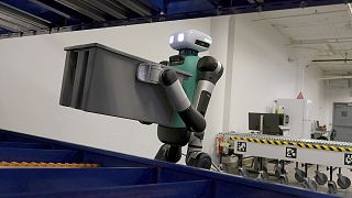 Agility Robotics' warehouse robot Digit performs maneuvers at the company's office in Pittsburgh, Wednesday, August 16, 2023.