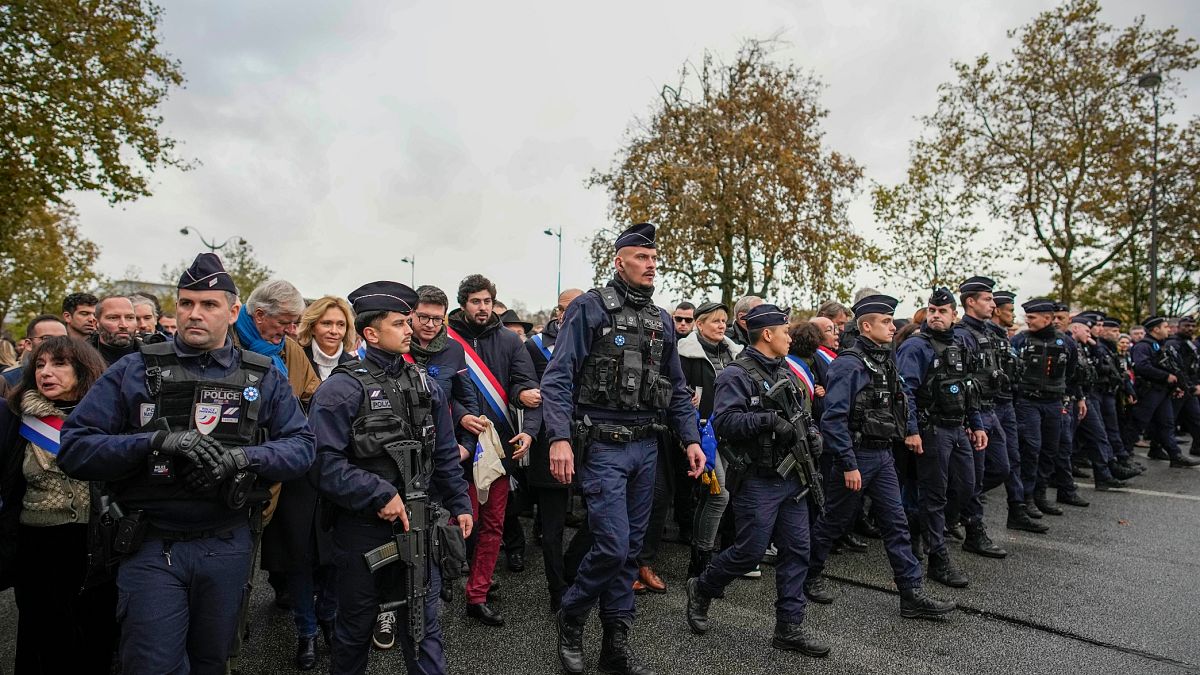 French police regulate thousands who gathered for a march against antisemitism in Paris, France on Sunday
