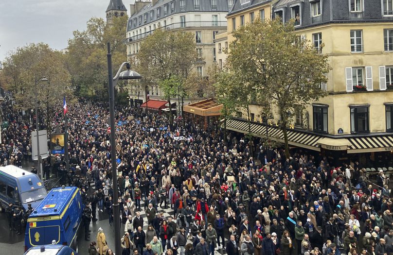 Thousands gather for a march against antisemitism in Paris, France, Sunday, Nov. 12, 2023.