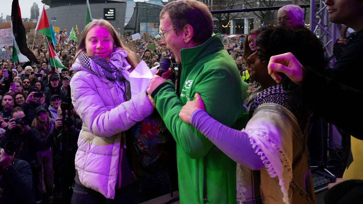 Climate activist Greta Thunberg is interrupted after expressing solidarity with the Palestinians in Amsterdam, Netherlands, 12 November 2023.