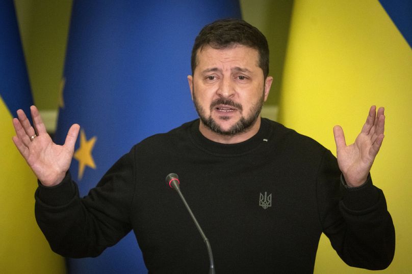 FILE: Ukrainian President Volodymyr Zelenskyy attends a press conference with European Commission President Ursula von der Leyen in Kyiv, Ukraine, Saturday, Nov. 4, 2023.