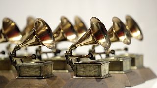 Grammy Awards are displayed at the Grammy Museum Experience at Prudential Center in Newark, N.J. on Oct. 10, 2017. 