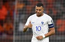 France's forward Kylian Mbappé reacts during the Euro 2024 qualifying football match between the Netherlands and France on October 13, 2023.