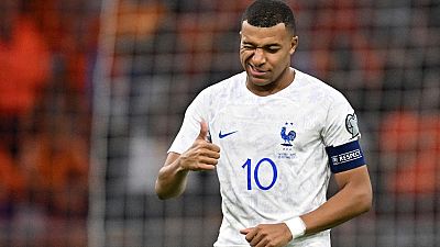 France's forward Kylian Mbappé reacts during the Euro 2024 qualifying football match between the Netherlands and France on October 13, 2023.