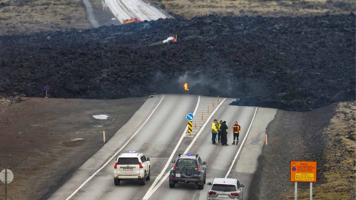 The lava flow that crossed Grindavikurvegur, the road to Grindavik in Iceland, Sunday March 17, 2024, a day after the volcanic eruption.