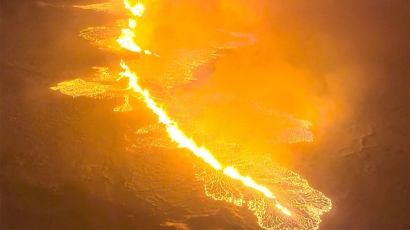 Magma flow on a hill near Grindavik on Iceland's Reykjanes Peninsula sometime around late 18 or early 19 December 2023.