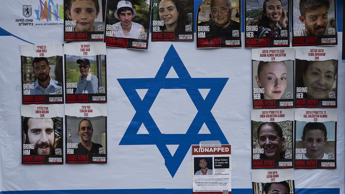 صور للرهائن الإسرائيليين الذين تم اختطافهم ملصقة على العلم الإسرائيلي في القدس.