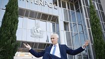Interpol Secretary General Jurgen Stock talks to journalists during an interview outside the Interpol headquarters in Lyon, central France, Tuesday, Sept. 5, 2023. 