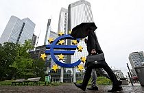 Euro currency sign in front of the former European Central Bank (ECB) building in Frankfurt am Main, western Germany.