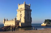 Photo shows the Tower of Belem on the banks of the Tagus River in Lisbon, Portugal. 