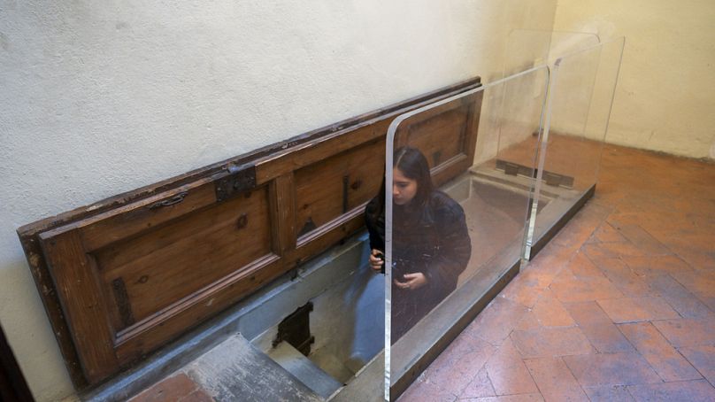 The trapdoor leading to a room with delicate charcoal drawings on the walls that some experts have attributed to Michelangelo is seen inside Florence's Medici Chapel