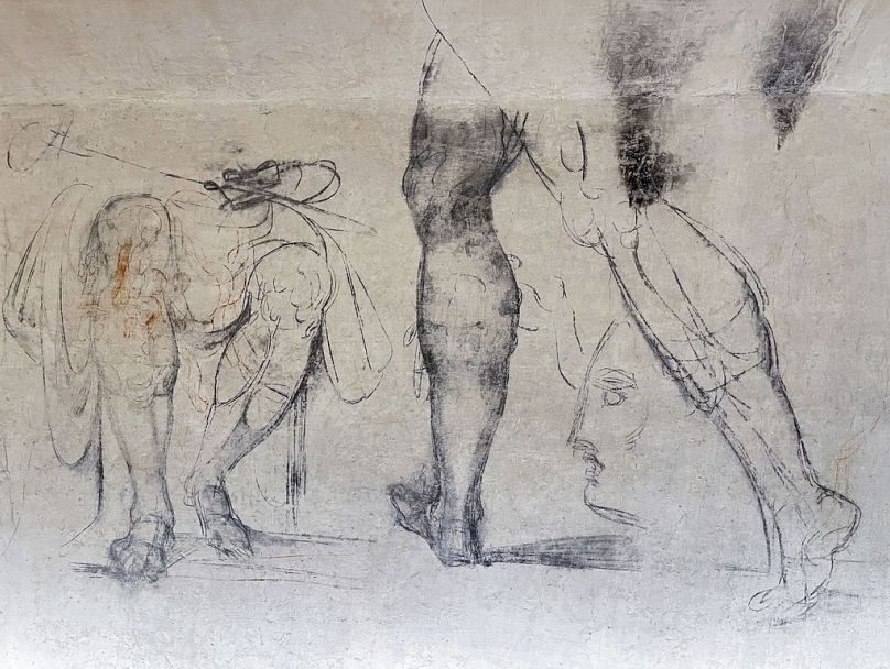 Delicate charcoal drawings that some experts have attributed to Michelangelo are seen on the walls of a room used to store coal until 1955 inside Florence's Medici Chapel