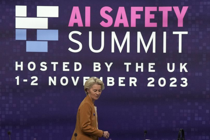 European Commission President Ursula von der Leyen arrives for a plenary session at the AI Safety Summit at Bletchley Park, November 2023