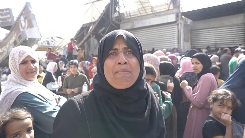 A displaced Palestinian woman in the south of Gaza pleads for food and better sanitation