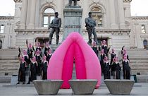 Pussy Riot protestieren mit einer riesigen Vulva vor dem Capitol im US-Bundesstaat Indiana 