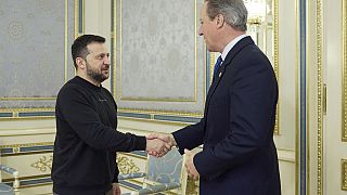El presidente ucraniano, Volodímir Zelenski, estrecha la mano del ministro británico de Asuntos Exteriores, David Cameron, durante su reunión en Kiev.