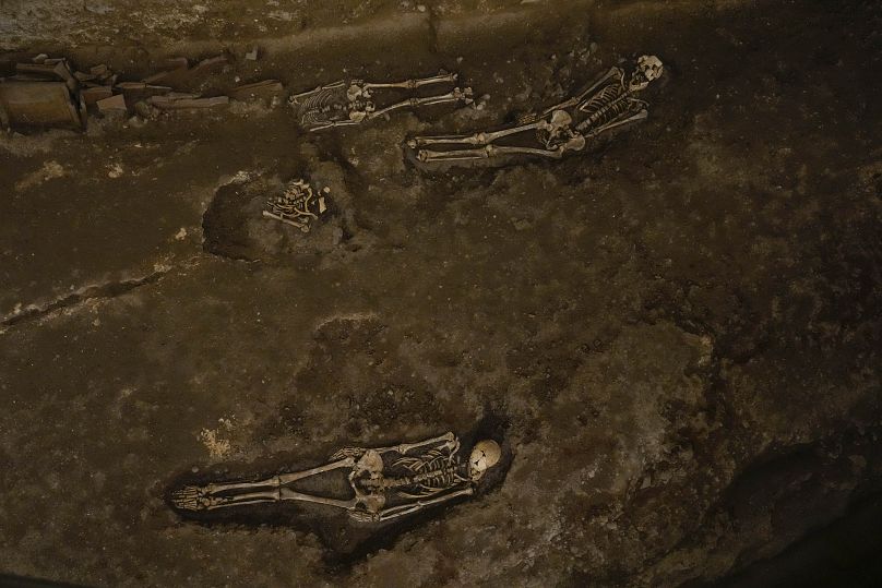 Skeletons are seen in an ancient necropolis along the via triumphalis, an archaeological area containing a Roman burial ground.