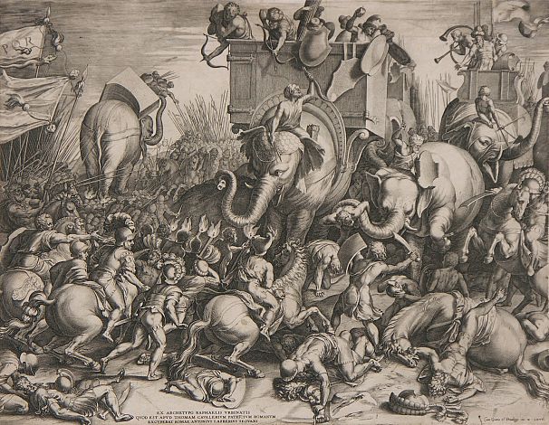 استفاده از فیل‌ها در نبرد زاما در جنگ دوم کارتاژ، سال ۲۰۹ پیش از میلاد