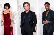 RAYE, Jeremy Allen White and Micheal Ward pose for photographs at the GQ Men of the Year Awards in London